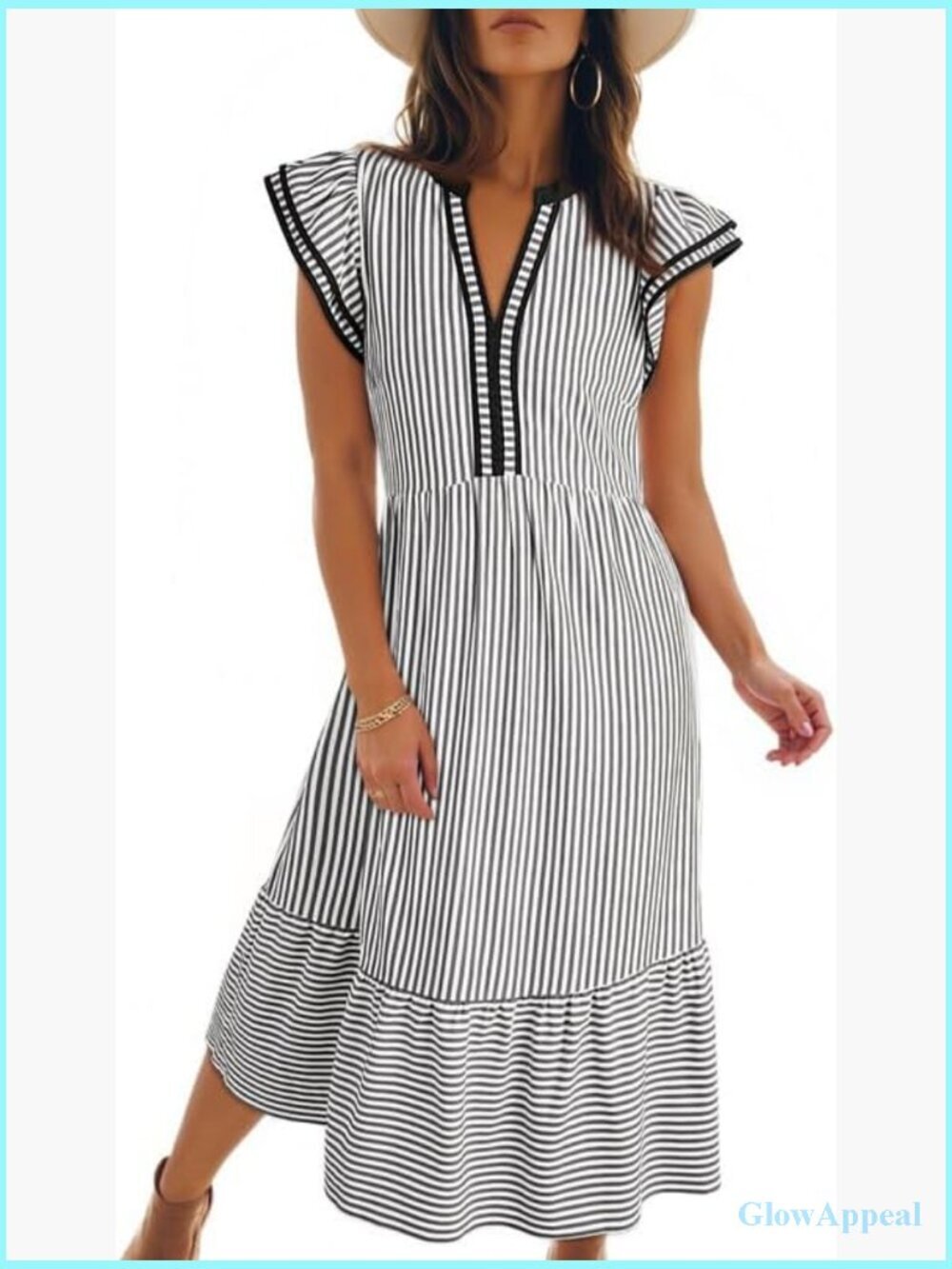 V-Neck Ruffle Cap Sleeve Empire Waist Striped Midi Maxi Dress with Pockets